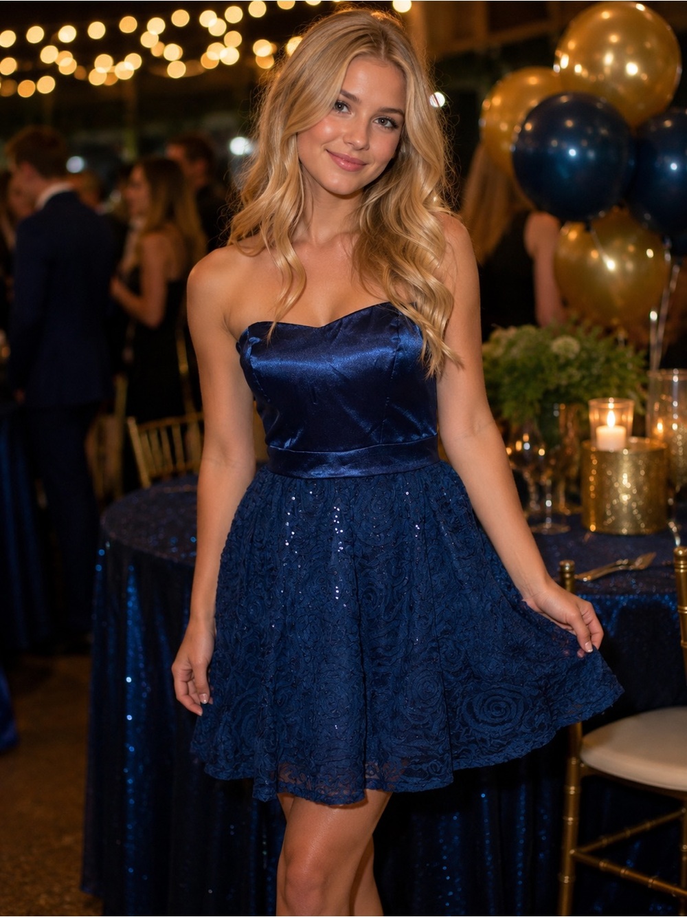Lily Rose Navy Strapless Satin & Rosette Lace Dress Junior 7